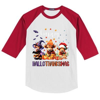 Happy Hallothanksmas Highland Cow Halloween Merry Christmas Long Sleeve Kids Colorblock Raglan Jersey