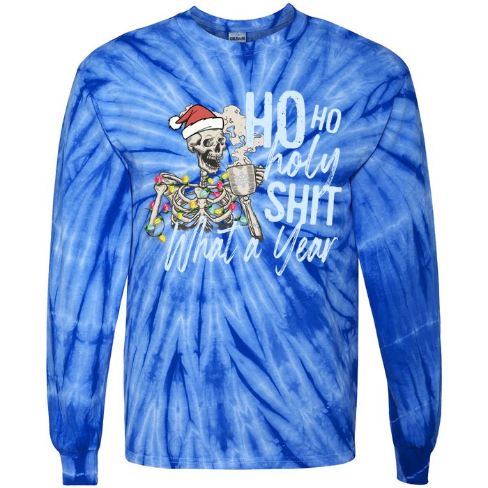 Ho Ho Holy Shit What A Year Gift Funny Christmas Skeleton Gift Tie-Dye Long Sleeve Shirt