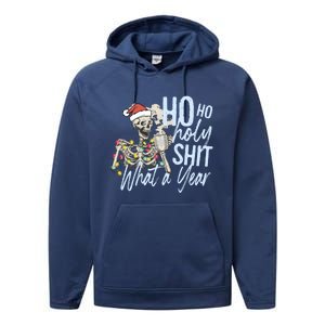 Ho Ho Holy Shit What A Year Gift Funny Christmas Skeleton Gift Performance Fleece Hoodie