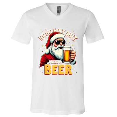 Ho Ho Holy Shit I Need A Beer Funny Santa Christmas Drinking V-Neck T-Shirt