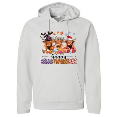 Happy Hallothanksmas Highland Cow Print Halloween Christmas Performance Fleece Hoodie