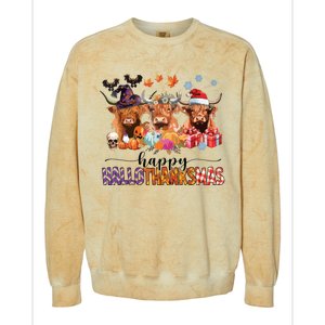 Happy Hallothanksmas Highland Cow Print Halloween Christmas Colorblast Crewneck Sweatshirt