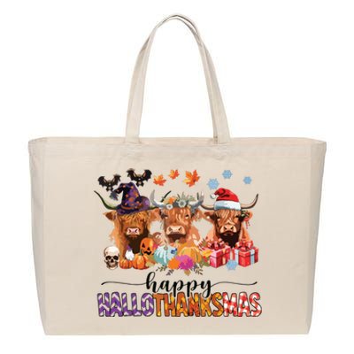 Happy Hallothanksmas Highland Cow Print Halloween Christmas Cotton Canvas Jumbo Tote