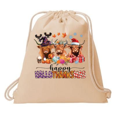 Happy Hallothanksmas Highland Cow Print Halloween Christmas Drawstring Bag