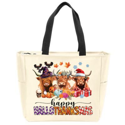 Happy Hallothanksmas Highland Cow Print Halloween Christmas Zip Tote Bag