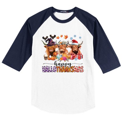 Happy Hallothanksmas Highland Cow Print Halloween Christmas Baseball Sleeve Shirt