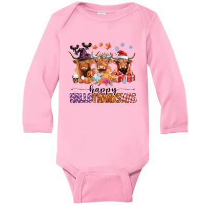 Happy Hallothanksmas Highland Cow Print Halloween Christmas Baby Long Sleeve Bodysuit