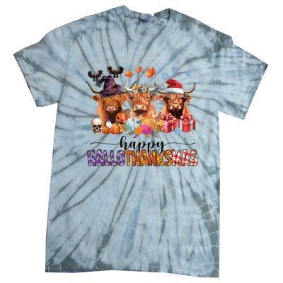 Happy Hallothanksmas Highland Cow Print Halloween Christmas Tie-Dye T-Shirt