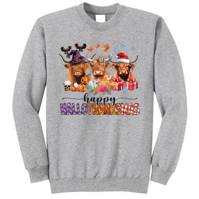 Happy Hallothanksmas Highland Cow Print Halloween Christmas Tall Sweatshirt