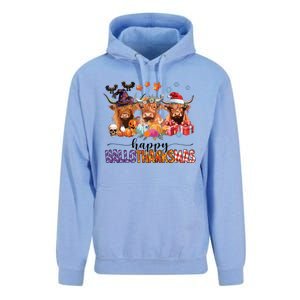 Happy Hallothanksmas Highland Cow Print Halloween Christmas Unisex Surf Hoodie