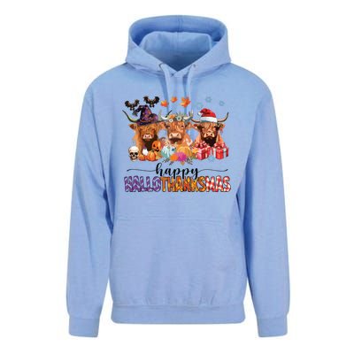 Happy Hallothanksmas Highland Cow Print Halloween Christmas Unisex Surf Hoodie