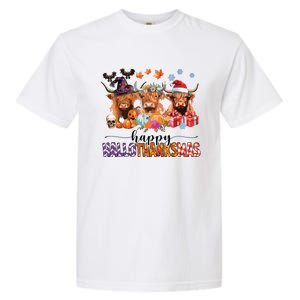 Happy Hallothanksmas Highland Cow Print Halloween Christmas Garment-Dyed Heavyweight T-Shirt