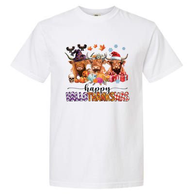 Happy Hallothanksmas Highland Cow Print Halloween Christmas Garment-Dyed Heavyweight T-Shirt