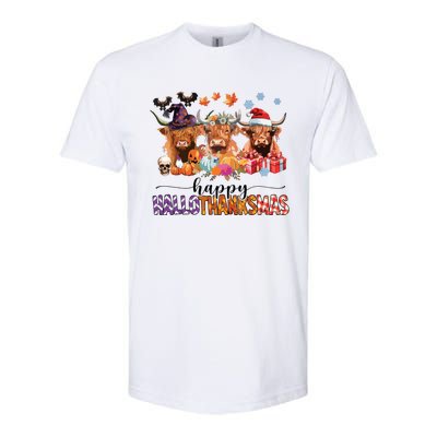 Happy Hallothanksmas Highland Cow Print Halloween Christmas Softstyle CVC T-Shirt