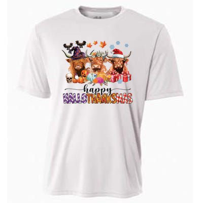 Happy Hallothanksmas Highland Cow Print Halloween Christmas Cooling Performance Crew T-Shirt