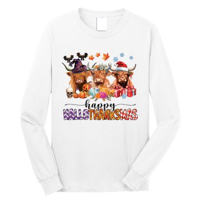 Happy Hallothanksmas Highland Cow Print Halloween Christmas Long Sleeve Shirt