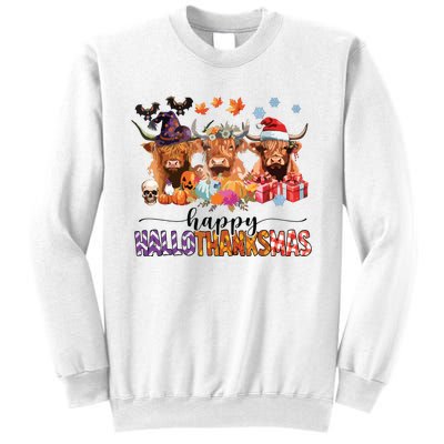 Happy Hallothanksmas Highland Cow Print Halloween Christmas Sweatshirt