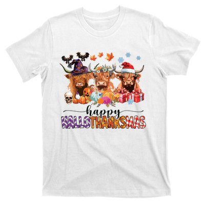 Happy Hallothanksmas Highland Cow Print Halloween Christmas T-Shirt