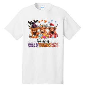 Happy Hallothanksmas Highland Cow Print Halloween Christmas Tall T-Shirt