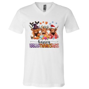 Happy Hallothanksmas Highland Cow Print Halloween Christmas V-Neck T-Shirt