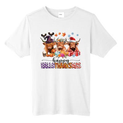 Happy Hallothanksmas Highland Cow Print Halloween Christmas Tall Fusion ChromaSoft Performance T-Shirt