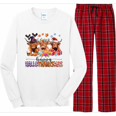 Happy Hallothanksmas Highland Cow Print Halloween Christmas Long Sleeve Pajama Set