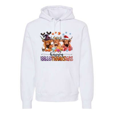 Happy Hallothanksmas Highland Cow Print Halloween Christmas Premium Hoodie