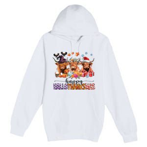 Happy Hallothanksmas Highland Cow Print Halloween Christmas Premium Pullover Hoodie