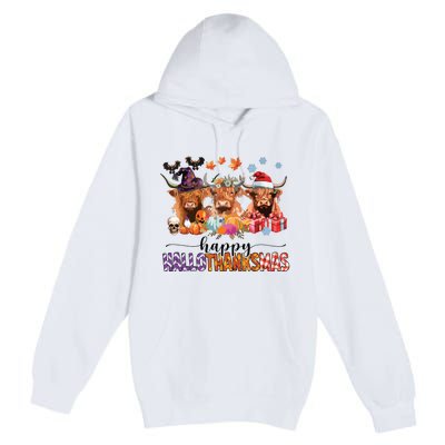 Happy Hallothanksmas Highland Cow Print Halloween Christmas Premium Pullover Hoodie