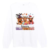 Happy Hallothanksmas Highland Cow Print Halloween Christmas Premium Crewneck Sweatshirt