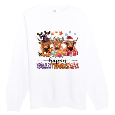 Happy Hallothanksmas Highland Cow Print Halloween Christmas Premium Crewneck Sweatshirt