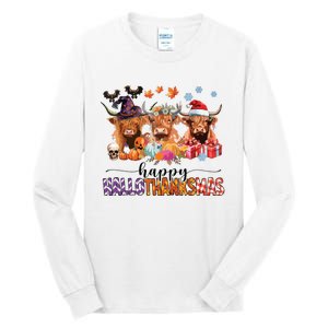 Happy Hallothanksmas Highland Cow Print Halloween Christmas Tall Long Sleeve T-Shirt