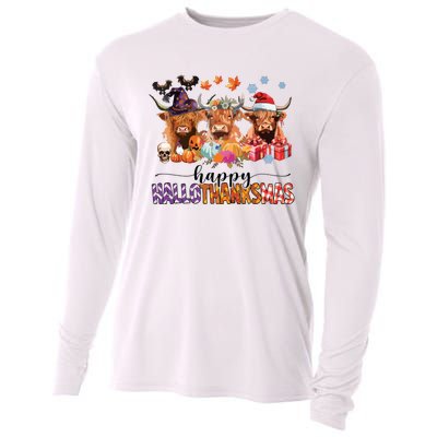 Happy Hallothanksmas Highland Cow Print Halloween Christmas Cooling Performance Long Sleeve Crew