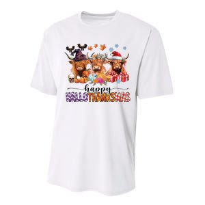 Happy Hallothanksmas Highland Cow Print Halloween Christmas Performance Sprint T-Shirt