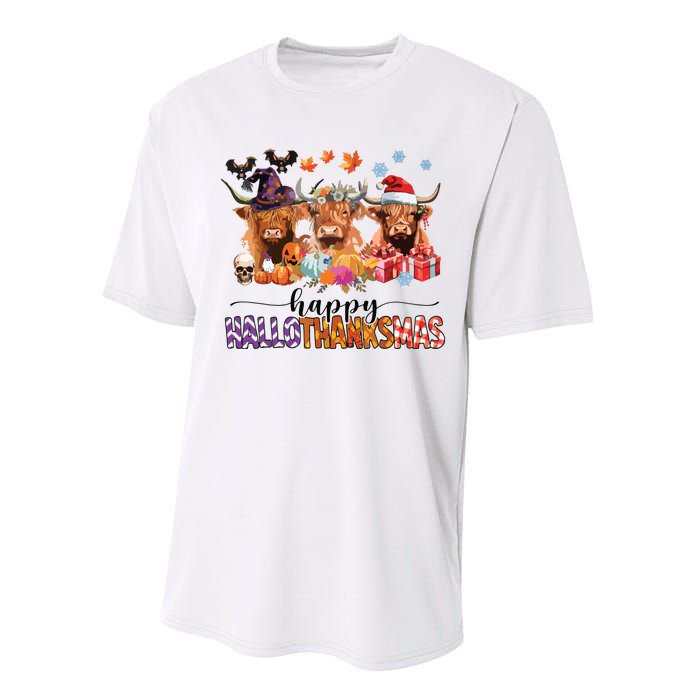 Happy Hallothanksmas Highland Cow Print Halloween Christmas Performance Sprint T-Shirt