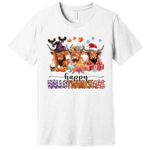 Happy Hallothanksmas Highland Cow Print Halloween Christmas Premium T-Shirt