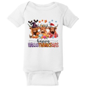 Happy Hallothanksmas Highland Cow Print Halloween Christmas Baby Bodysuit