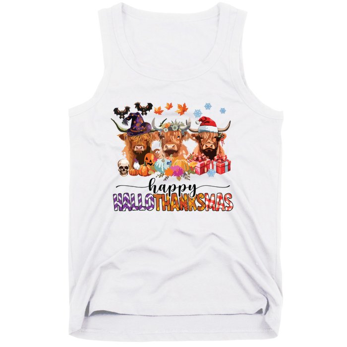 Happy Hallothanksmas Highland Cow Print Halloween Christmas Tank Top