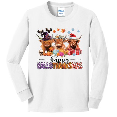 Happy Hallothanksmas Highland Cow Print Halloween Christmas Kids Long Sleeve Shirt