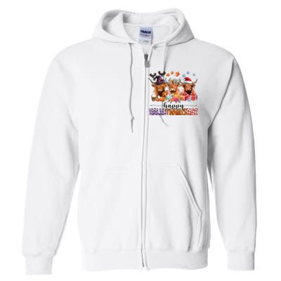 Happy Hallothanksmas Highland Cow Print Halloween Christmas Full Zip Hoodie