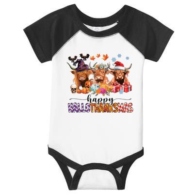 Happy Hallothanksmas Highland Cow Print Halloween Christmas Infant Baby Jersey Bodysuit