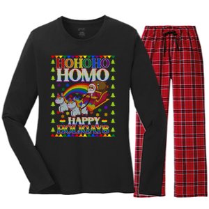 Ho Ho Homo Holigays Homosexual Lgbt Funny Ugly Christmas Women's Long Sleeve Flannel Pajama Set 