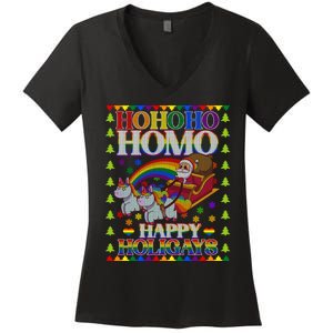 Ho Ho Homo Holigays Homosexual Lgbt Funny Ugly Christmas Women's V-Neck T-Shirt