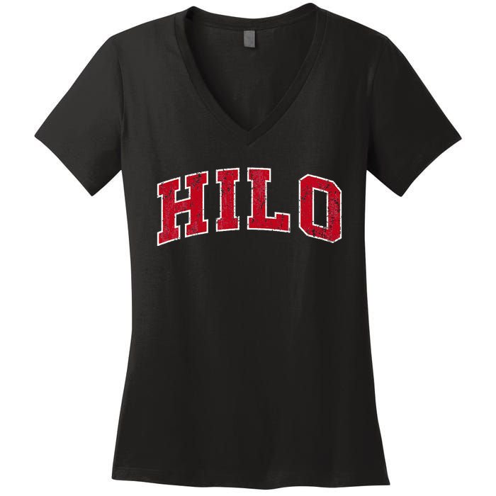 Hilo Hawaii Hi Vintage Sports Design Red Design Women's V-Neck T-Shirt