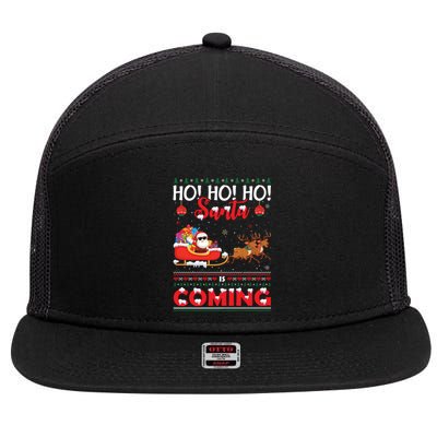 Ho Ho Ho Santa Claus Is Coming Ugly Christmas Print Gift 7 Panel Mesh Trucker Snapback Hat