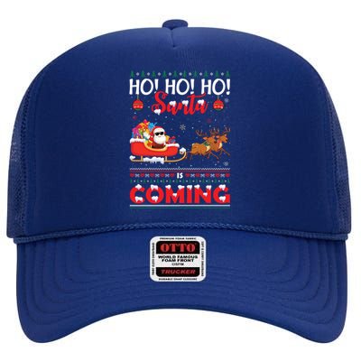 Ho Ho Ho Santa Claus Is Coming Ugly Christmas Print Gift High Crown Mesh Back Trucker Hat