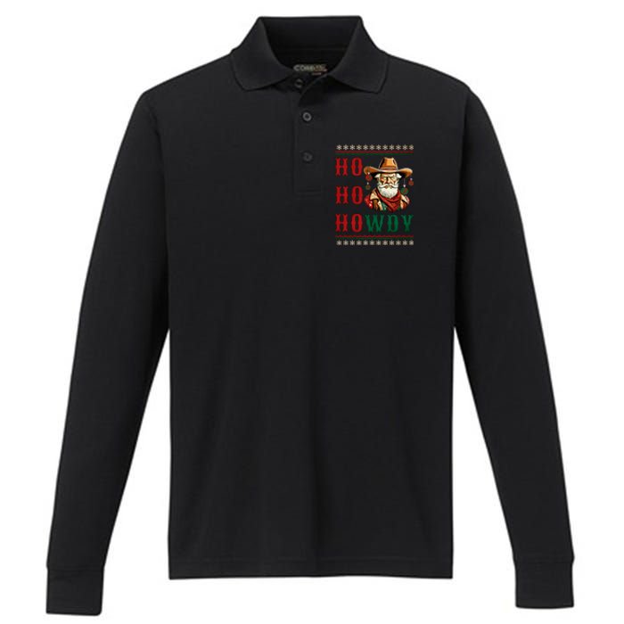 Ho Ho Howdy Ugly Christmas Sweater Style Cowboy Santa Performance Long Sleeve Polo