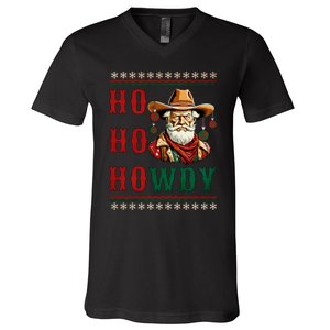 Ho Ho Howdy Ugly Christmas Sweater Style Cowboy Santa V-Neck T-Shirt