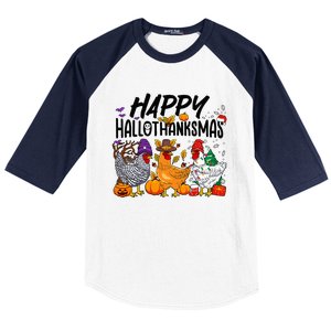 Happy HalloThanksMas Halloween Thanksgiving Xmas Chicken Baseball Sleeve Shirt