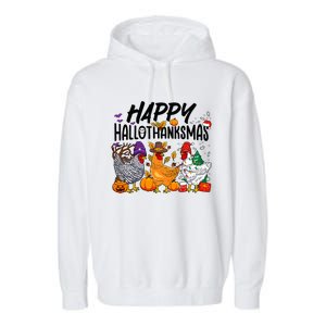 Happy HalloThanksMas Halloween Thanksgiving Xmas Chicken Garment-Dyed Fleece Hoodie